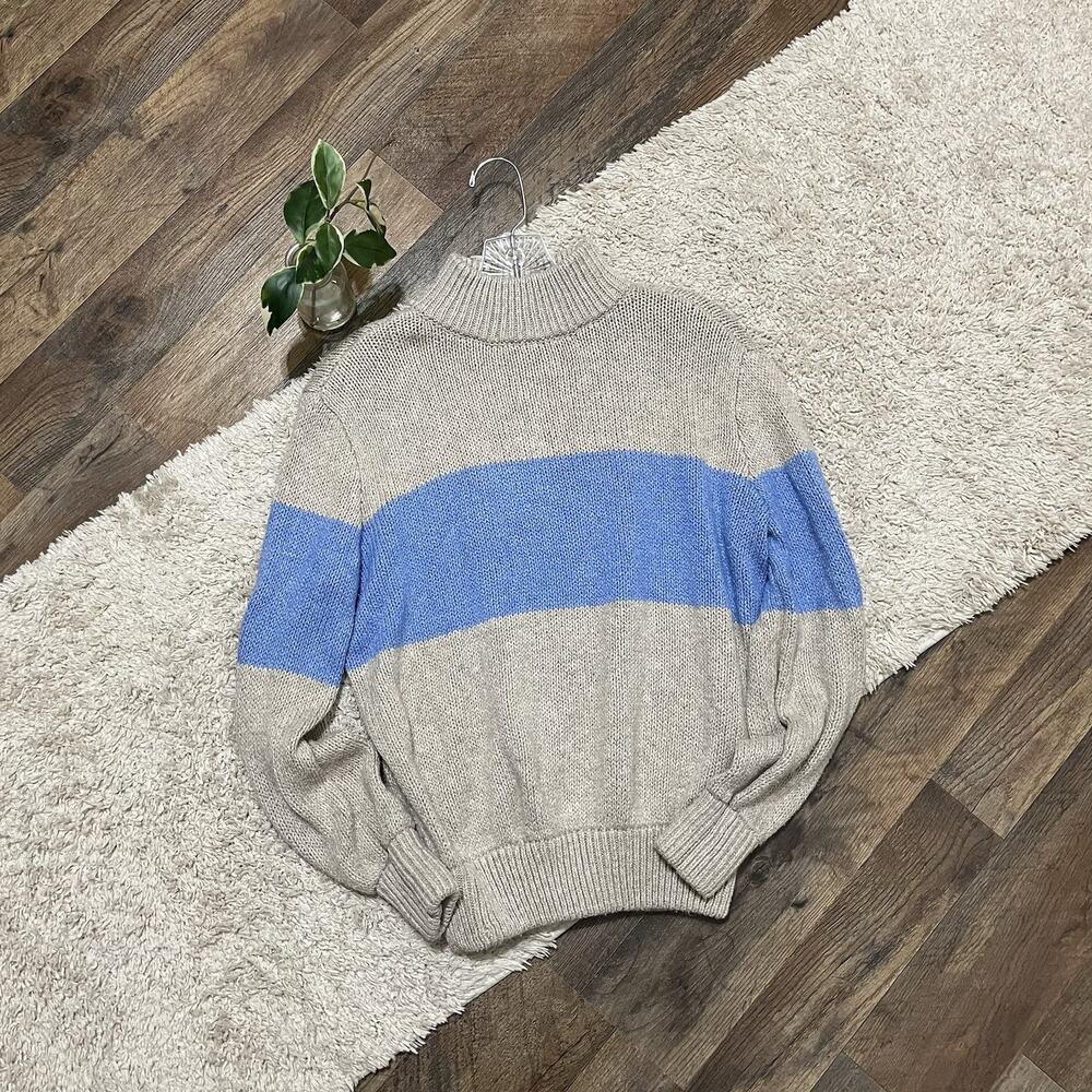 Aerie Size XS Beige Blue Striped Oversized Mock Neck Pullover Sweater